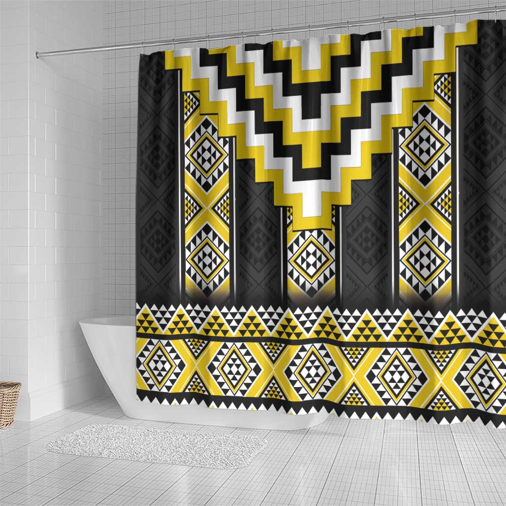 Yellow Taniko Aotearoa Shower Curtain Niho Taniwha Mix Poutama