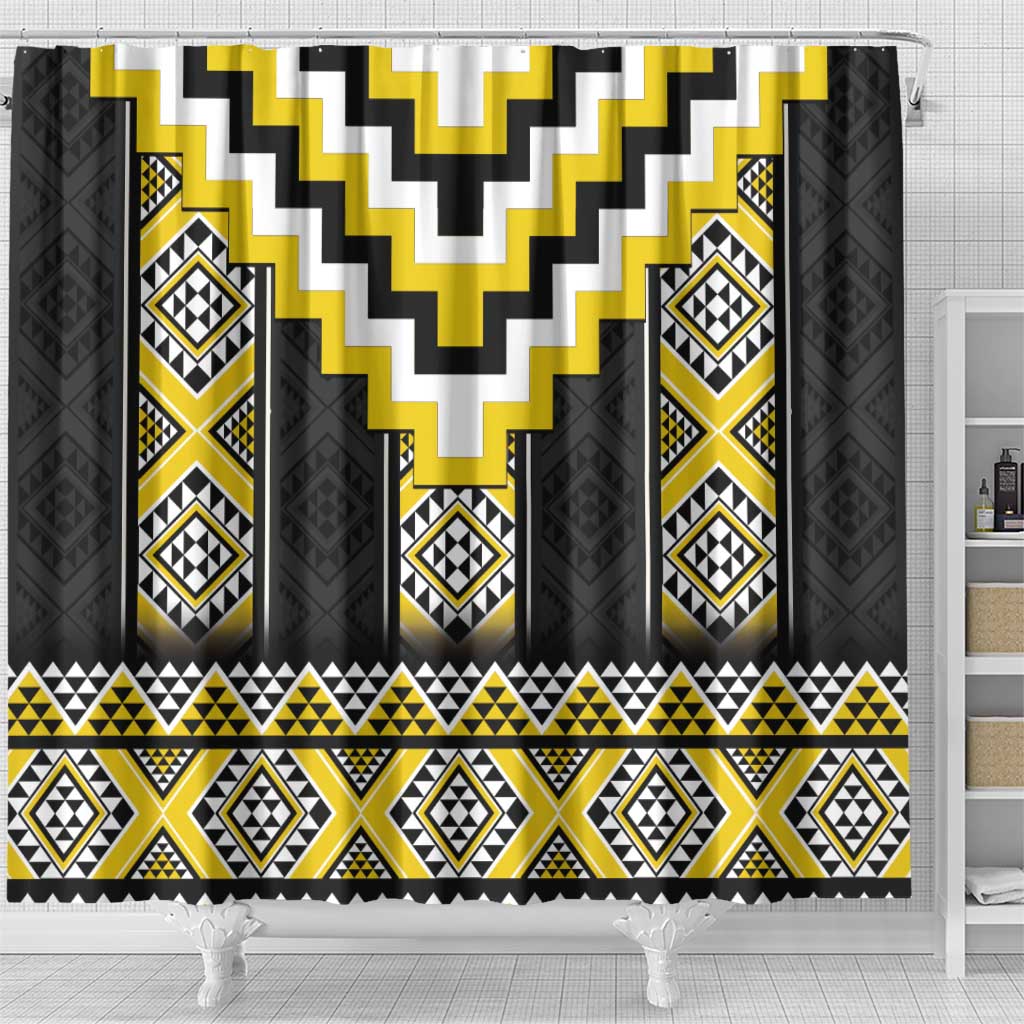 Yellow Taniko Aotearoa Shower Curtain Niho Taniwha Mix Poutama