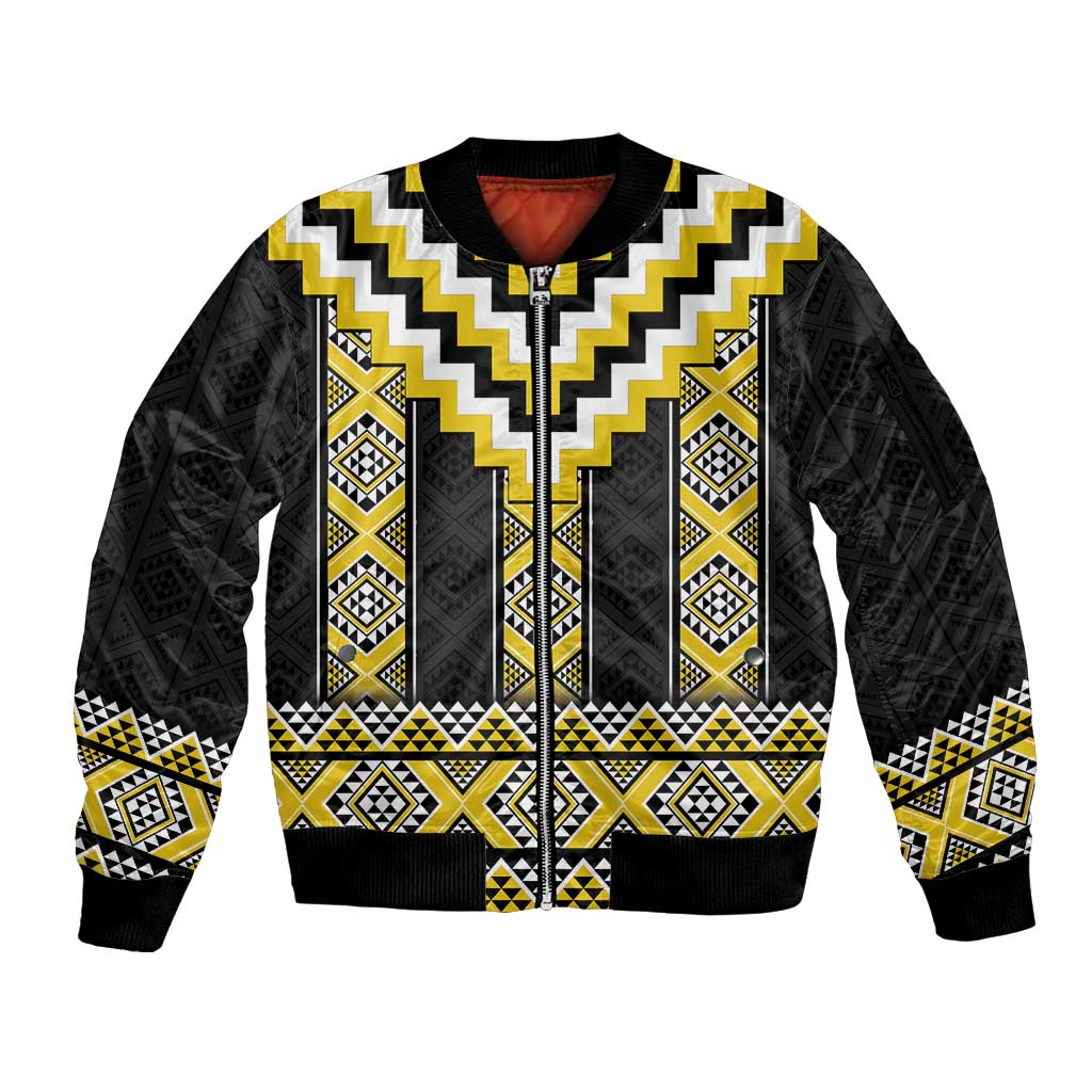 Yellow Taniko Aotearoa Sleeve Zip Bomber Jacket Niho Taniwha Mix Poutama