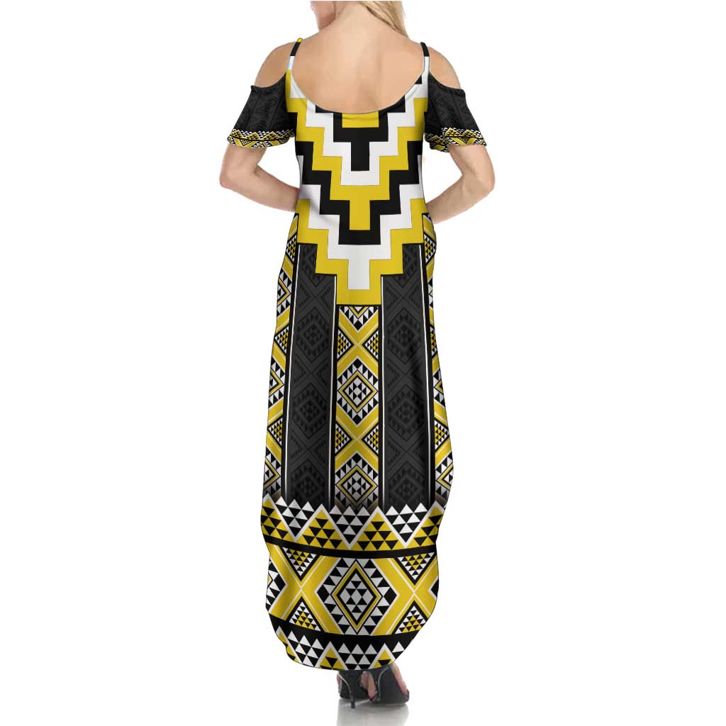 Yellow Taniko Aotearoa Summer Maxi Dress Niho Taniwha Mix Poutama