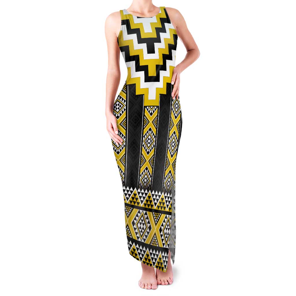 Yellow Taniko Aotearoa Tank Maxi Dress Niho Taniwha Mix Poutama