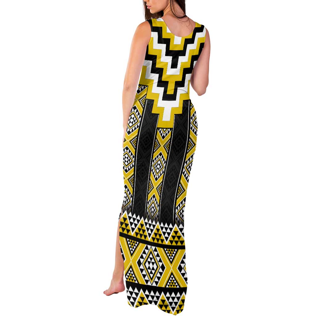 Yellow Taniko Aotearoa Tank Maxi Dress Niho Taniwha Mix Poutama