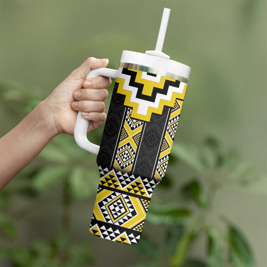 Yellow Taniko Aotearoa Tumbler With Handle Niho Taniwha Mix Poutama