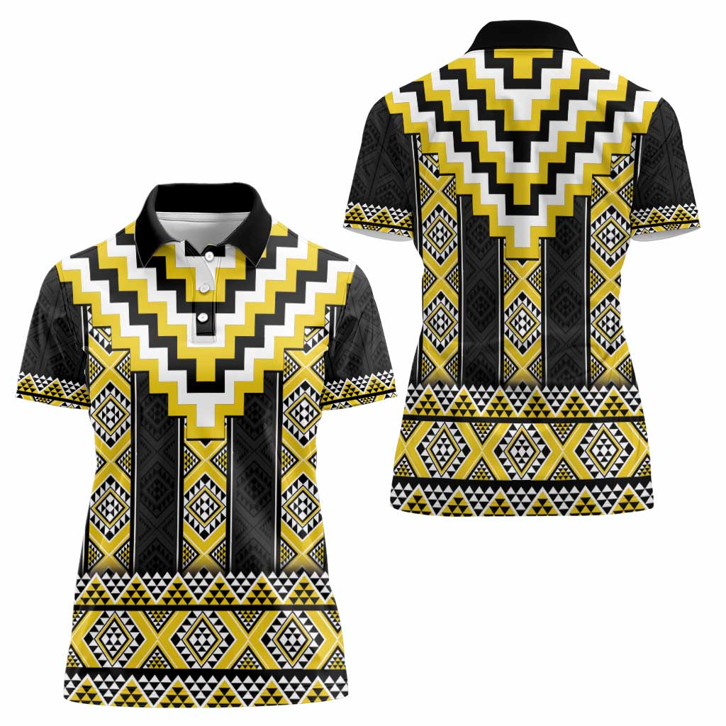 Yellow Taniko Aotearoa Women Polo Shirt Niho Taniwha Mix Poutama