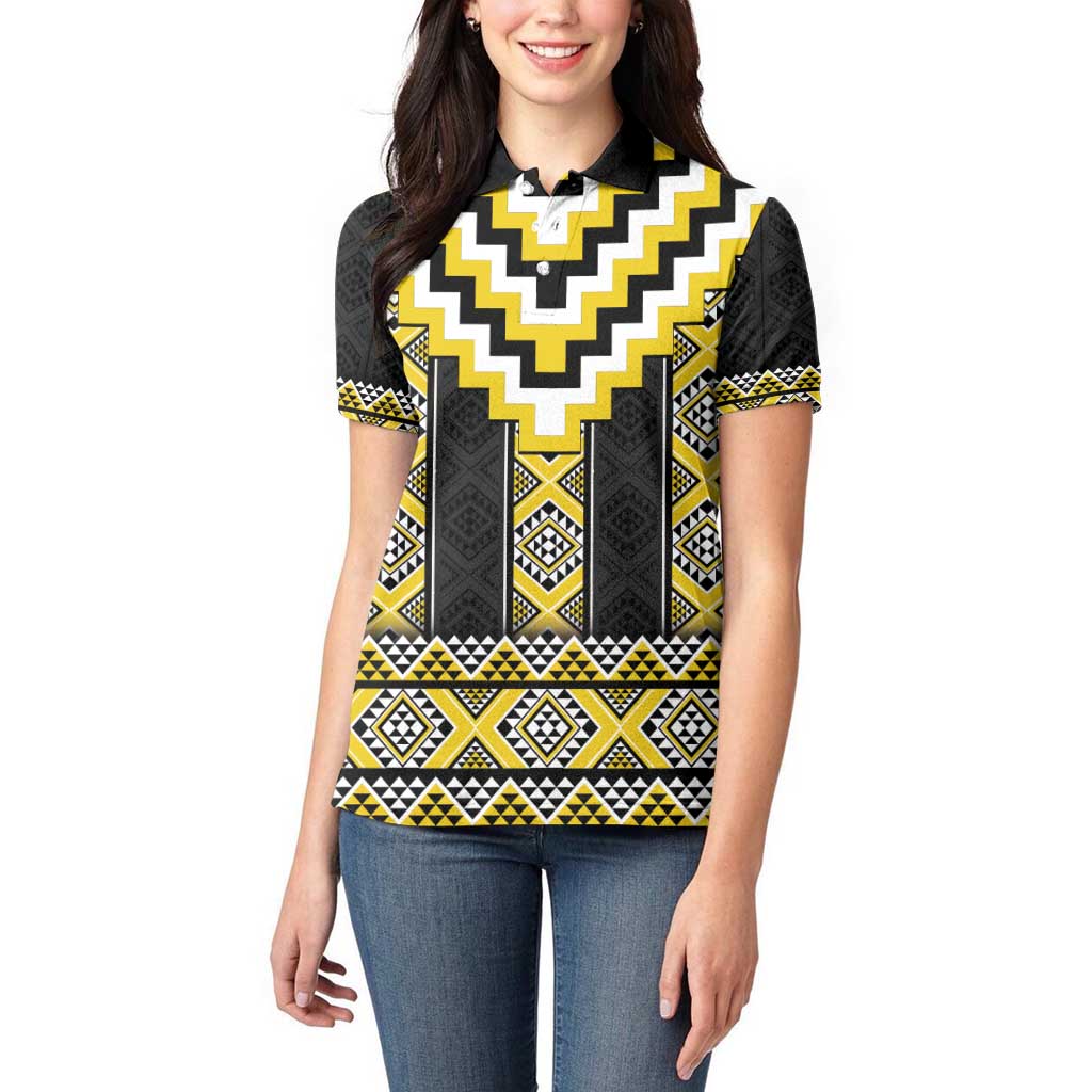 Yellow Taniko Aotearoa Women Polo Shirt Niho Taniwha Mix Poutama