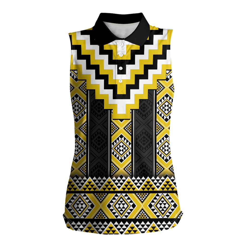 Yellow Taniko Aotearoa Women Sleeveless Polo Shirt Niho Taniwha Mix Poutama