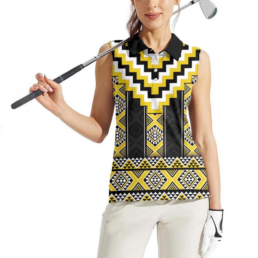 Yellow Taniko Aotearoa Women Sleeveless Polo Shirt Niho Taniwha Mix Poutama