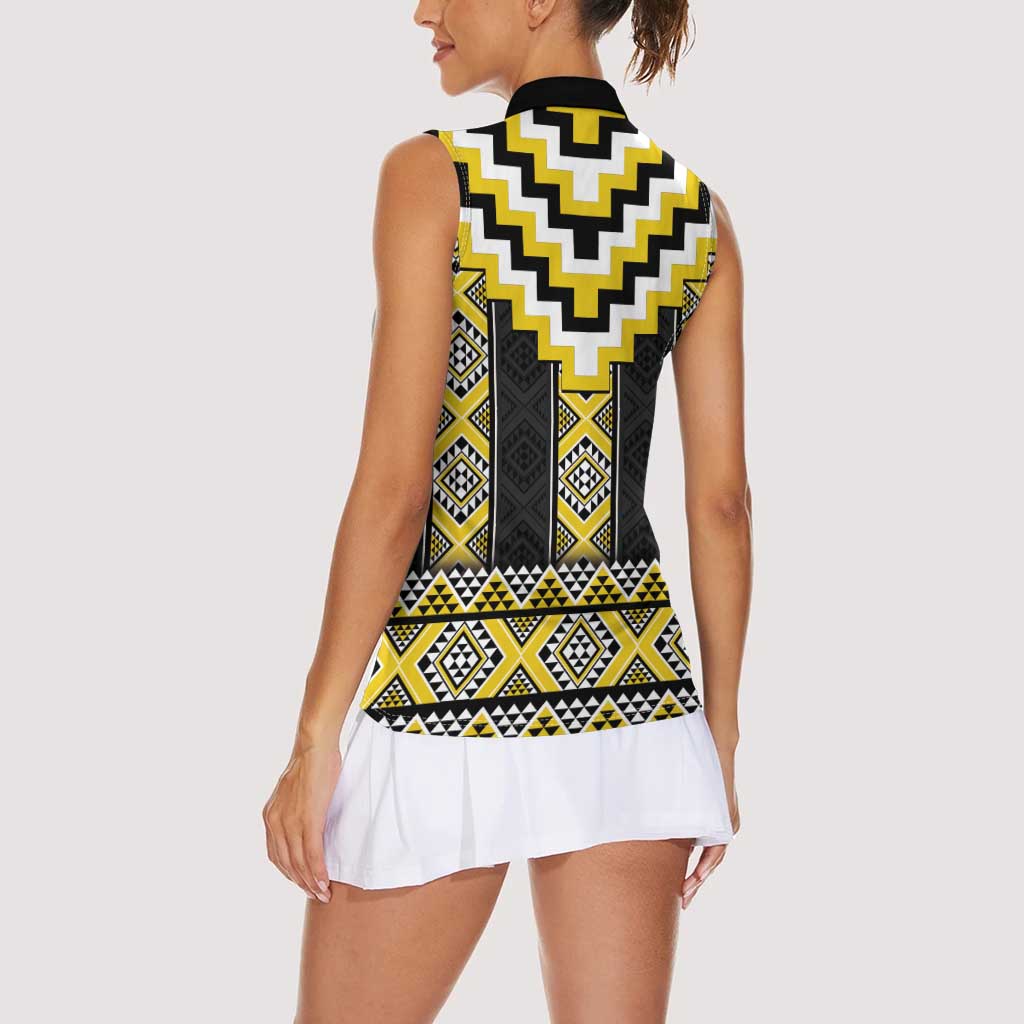 Yellow Taniko Aotearoa Women Sleeveless Polo Shirt Niho Taniwha Mix Poutama