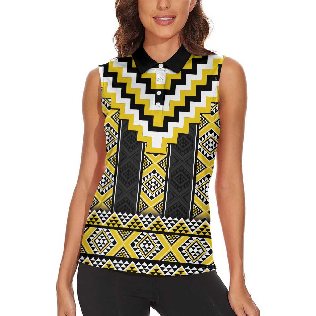 Yellow Taniko Aotearoa Women Sleeveless Polo Shirt Niho Taniwha Mix Poutama