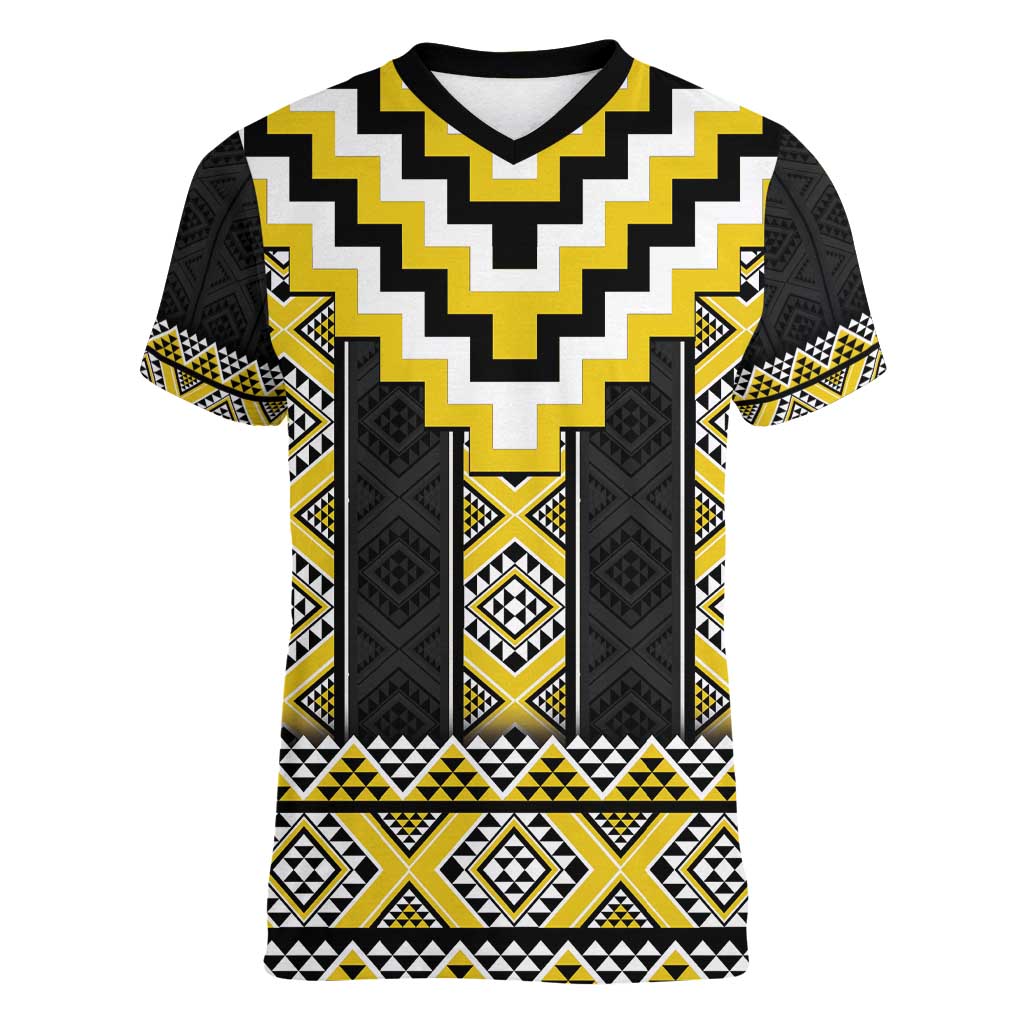 Yellow Taniko Aotearoa Women V-Neck T-Shirt Niho Taniwha Mix Poutama