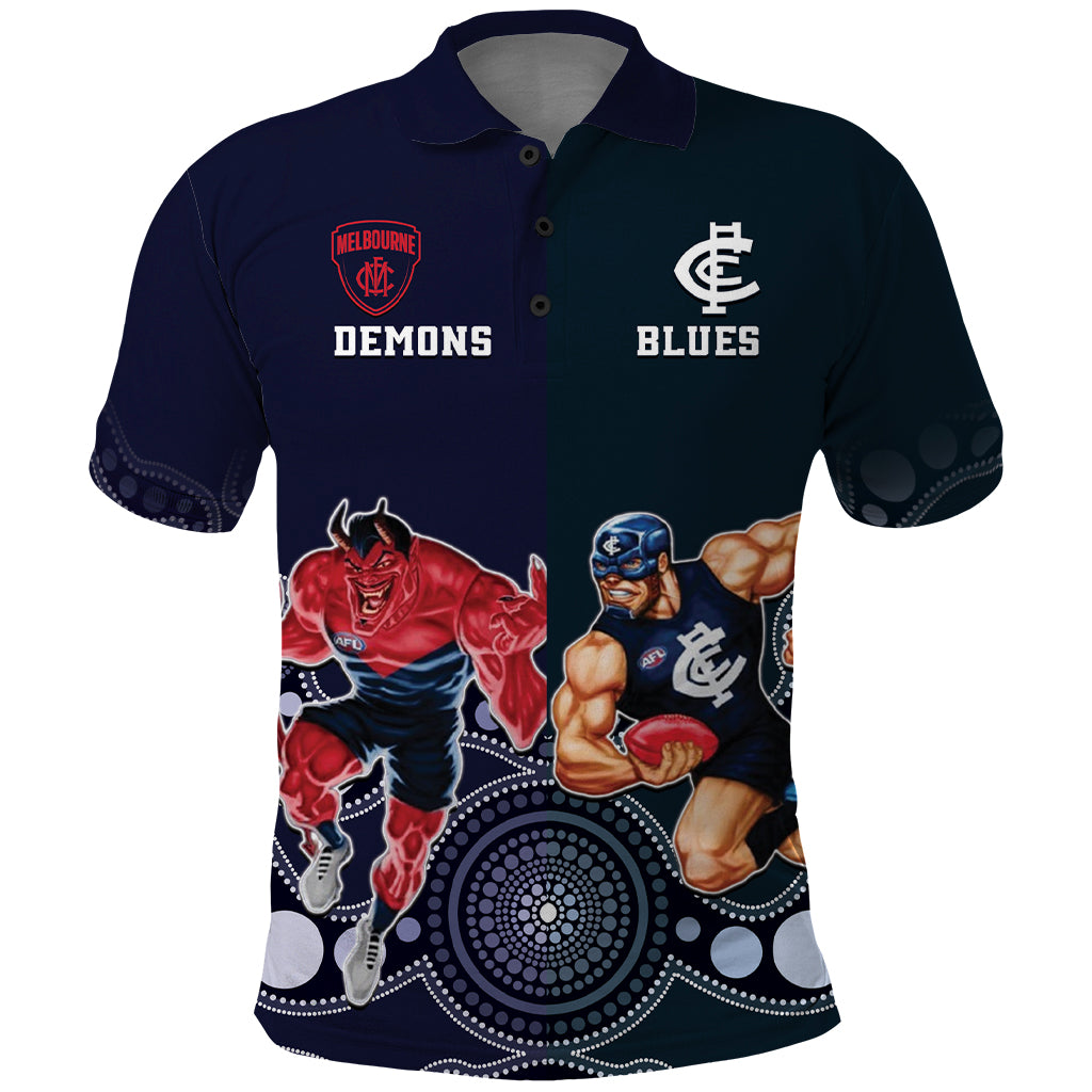 Demons And Blues Football Polo Shirt Melbourne And Calrton Mascots Aboriginal Art