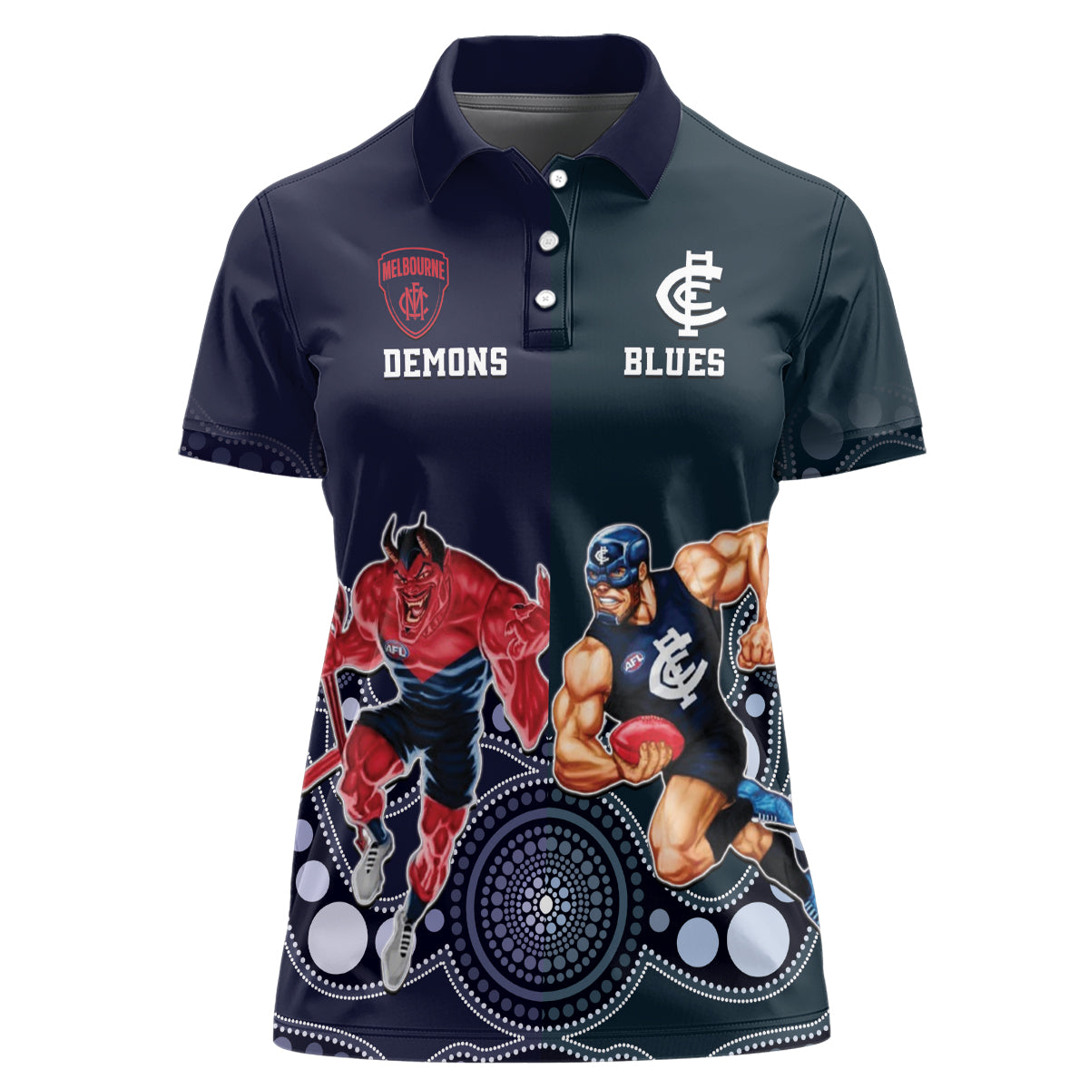 Demons And Blues Football Women Polo Shirt Melbourne And Calrton Mascots Aboriginal Art