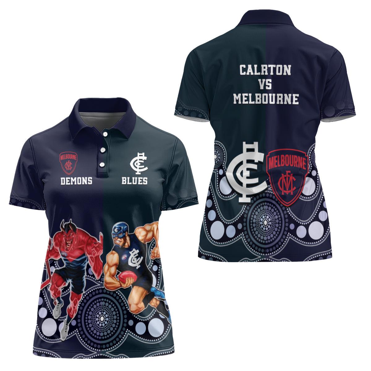 Demons And Blues Football Women Polo Shirt Melbourne And Calrton Mascots Aboriginal Art