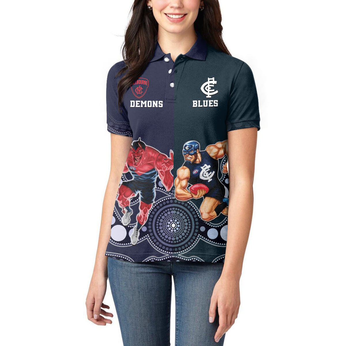 Demons And Blues Football Women Polo Shirt Melbourne And Calrton Mascots Aboriginal Art