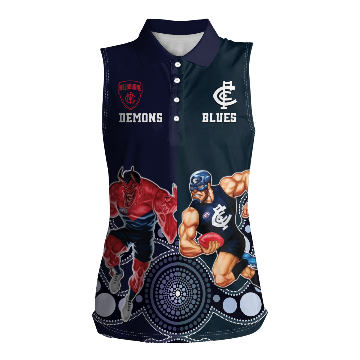 Demons And Blues Football Women Sleeveless Polo Shirt Melbourne And Calrton Mascots Aboriginal Art