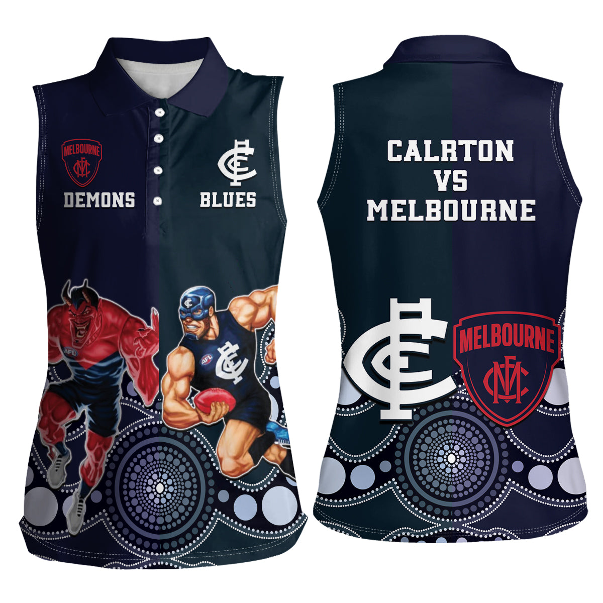 Demons And Blues Football Women Sleeveless Polo Shirt Melbourne And Calrton Mascots Aboriginal Art