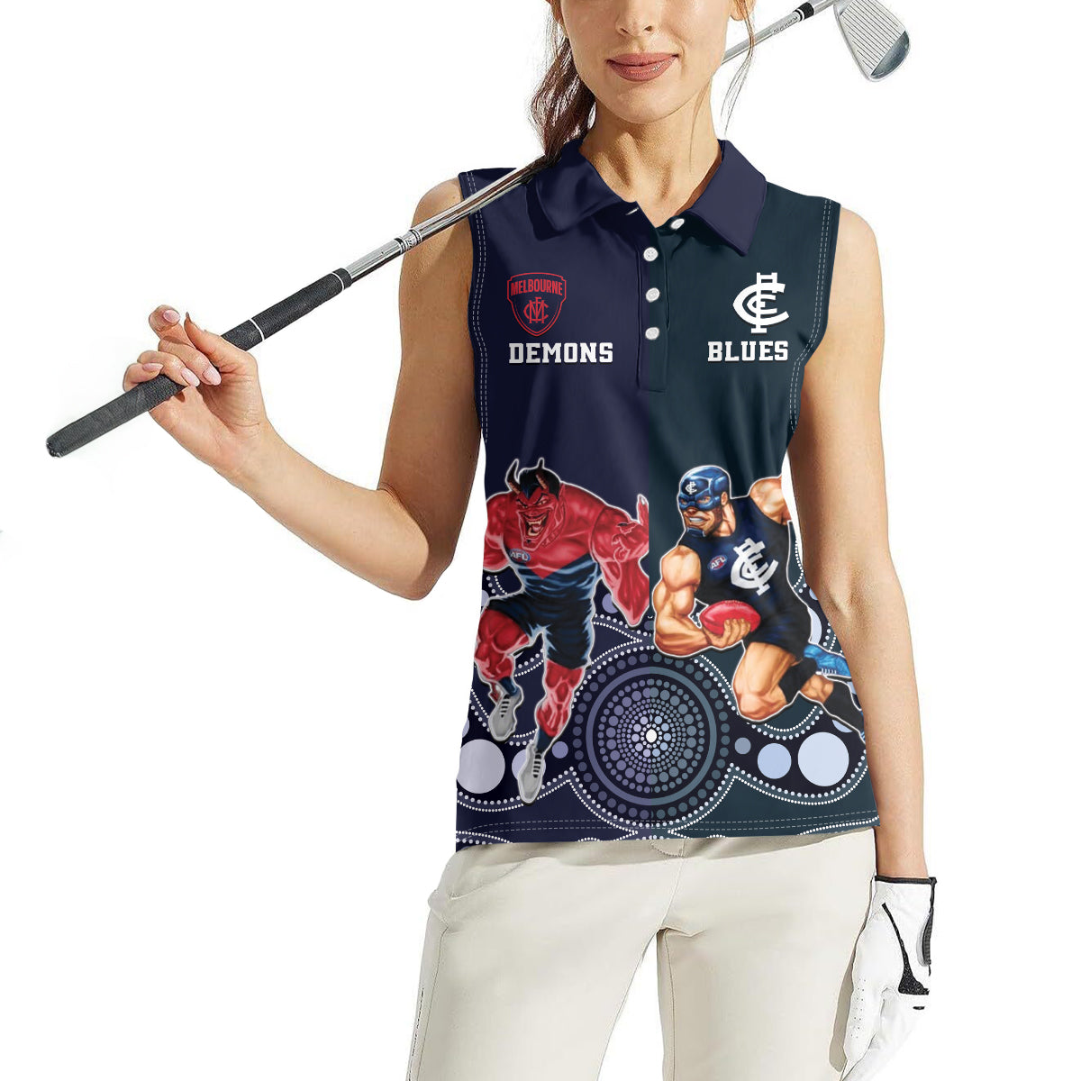 Demons And Blues Football Women Sleeveless Polo Shirt Melbourne And Calrton Mascots Aboriginal Art