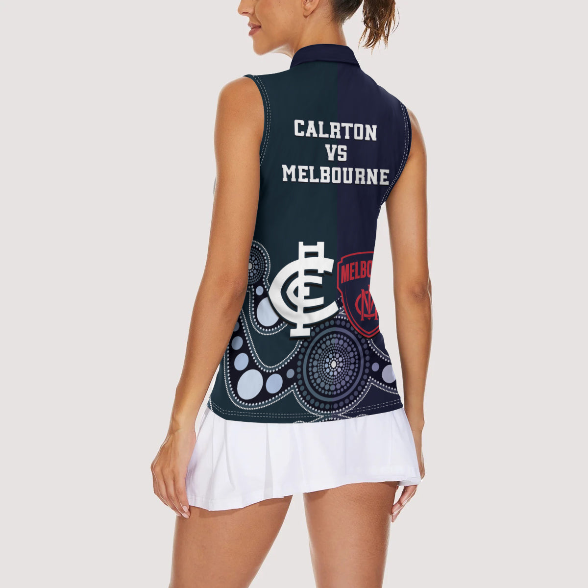 Demons And Blues Football Women Sleeveless Polo Shirt Melbourne And Calrton Mascots Aboriginal Art