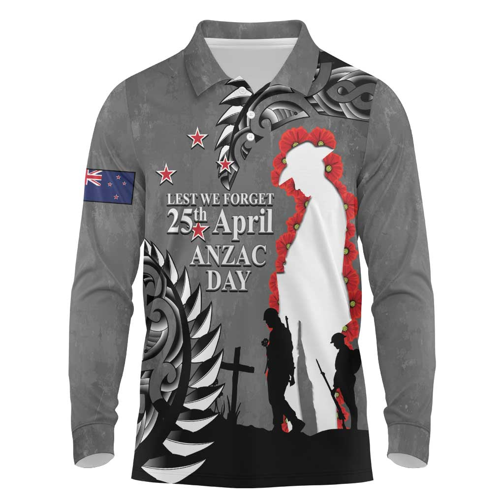 New Zealand ANZAC Day Long Sleeve Polo Shirt 25th April Silver Fern With Poppy