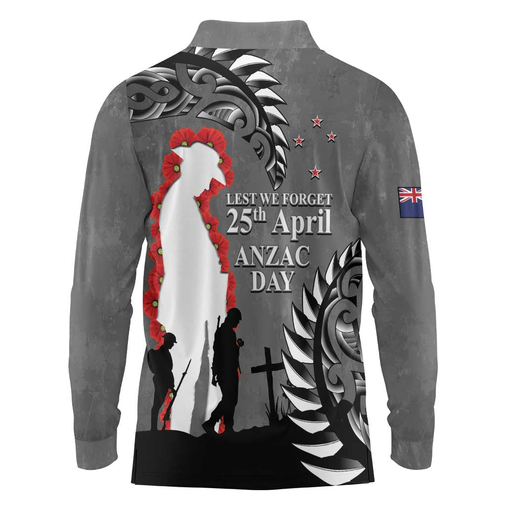 New Zealand ANZAC Day Long Sleeve Polo Shirt 25th April Silver Fern With Poppy