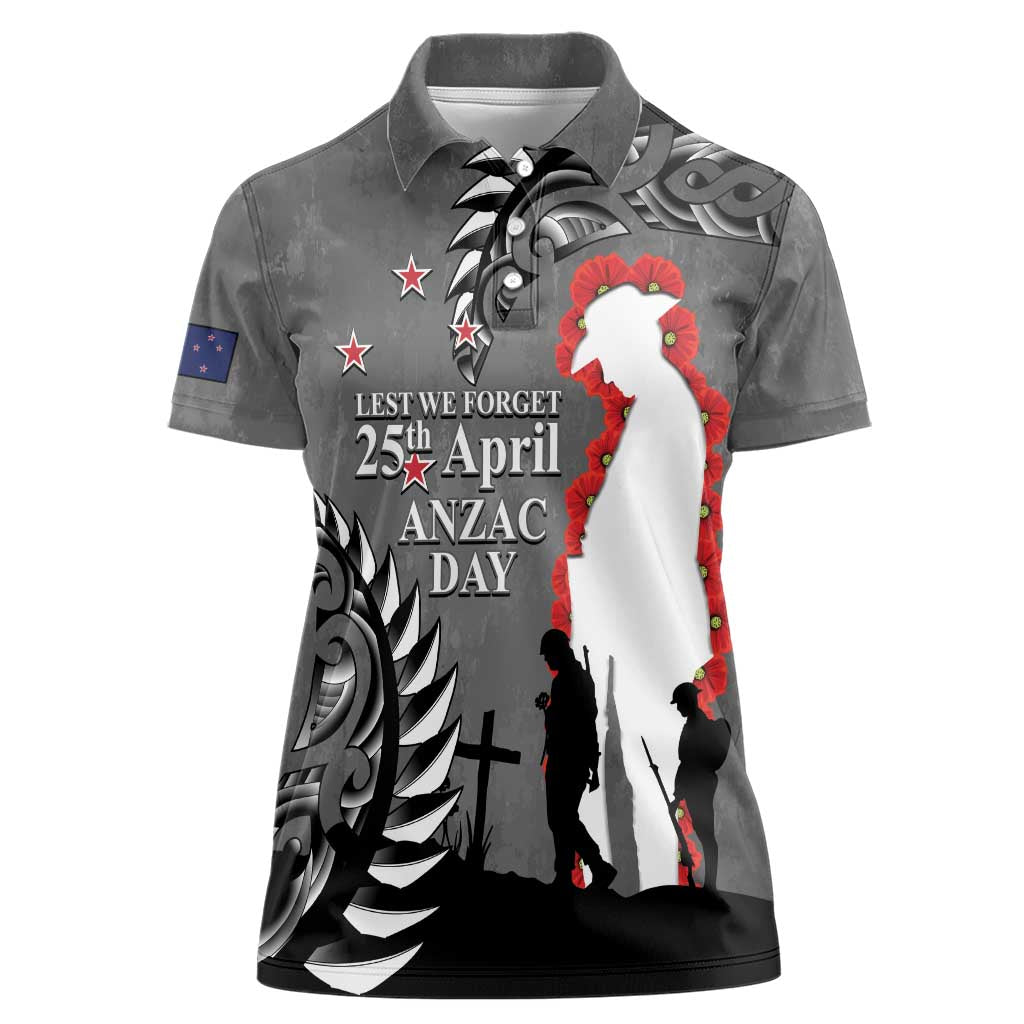 New Zealand ANZAC Day Women Polo Shirt 25th April Silver Fern With Poppy