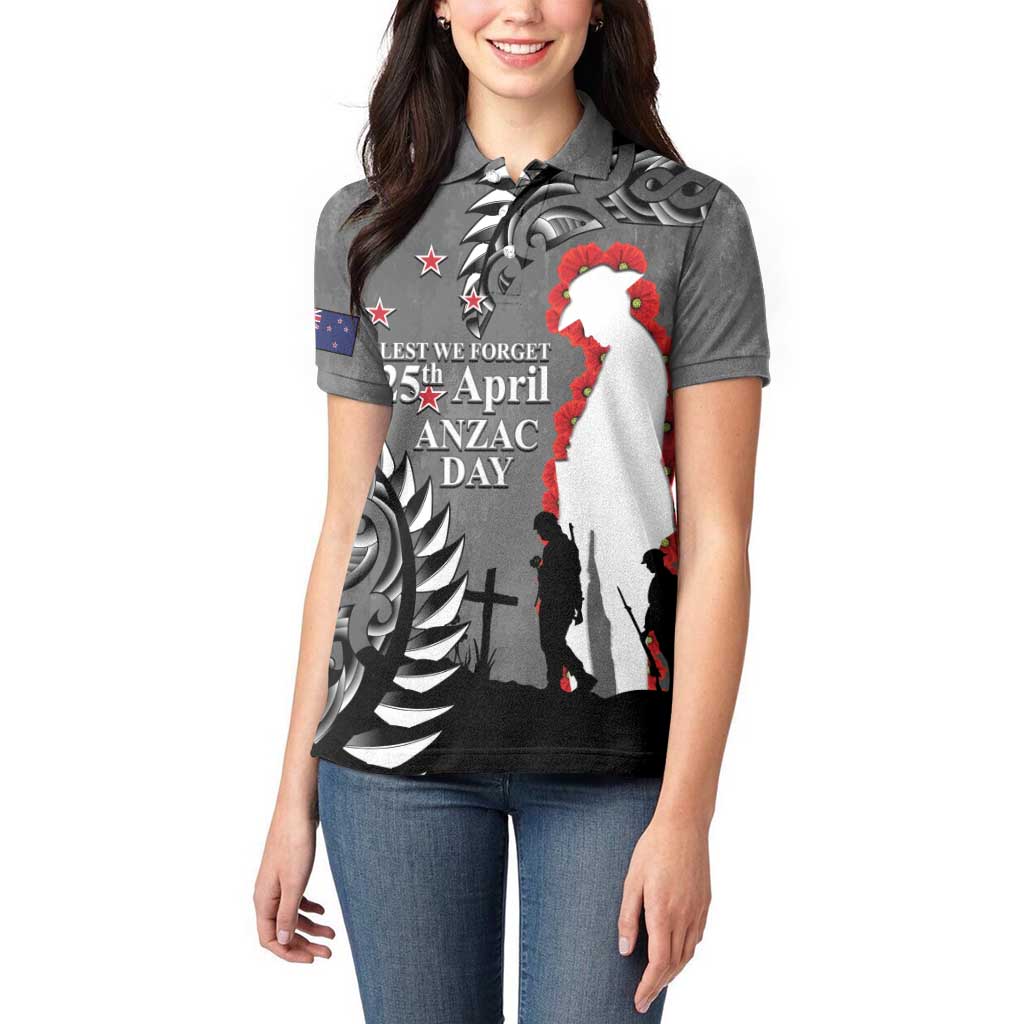 New Zealand ANZAC Day Women Polo Shirt 25th April Silver Fern With Poppy