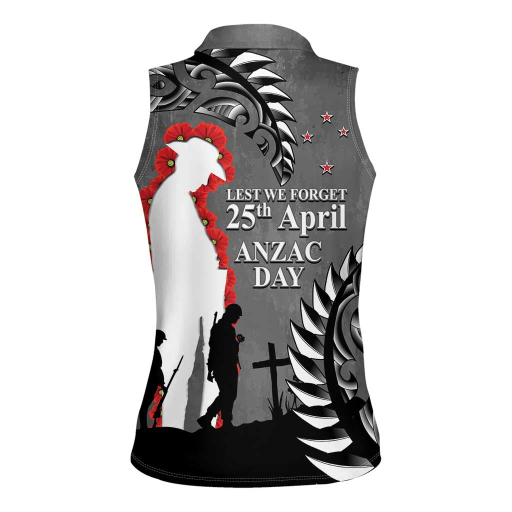 New Zealand ANZAC Day Women Sleeveless Polo Shirt 25th April Silver Fern With Poppy