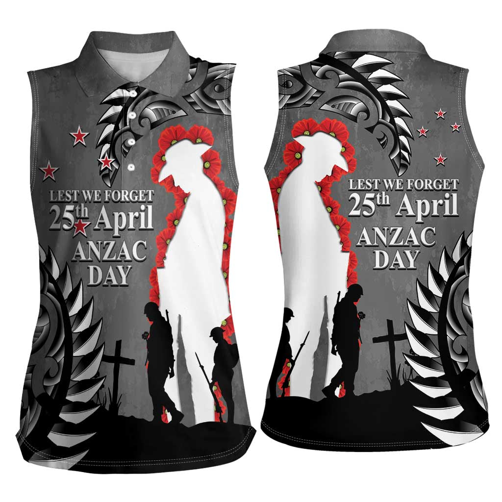 New Zealand ANZAC Day Women Sleeveless Polo Shirt 25th April Silver Fern With Poppy