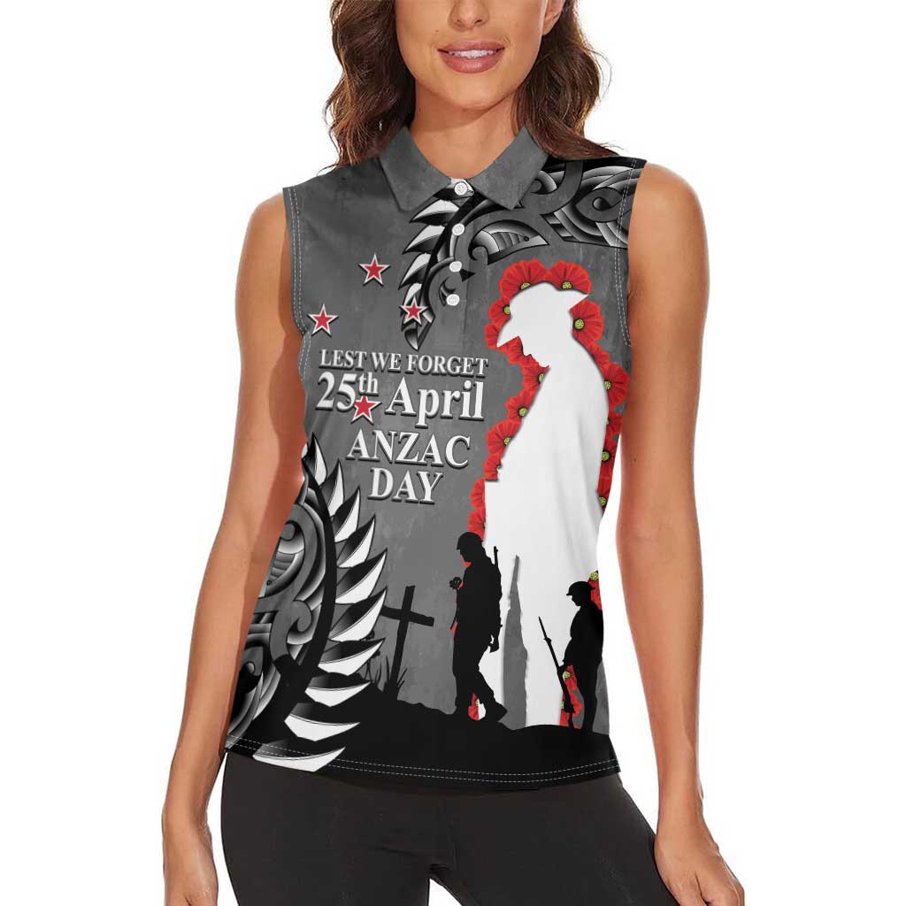 New Zealand ANZAC Day Women Sleeveless Polo Shirt 25th April Silver Fern With Poppy