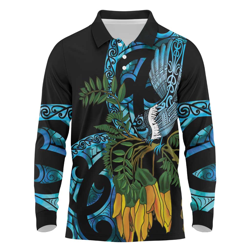 Turquoise New Zealand Kowhai And Piwakawaka Long Sleeve Polo Shirt Maori Ngaru Paua Shell