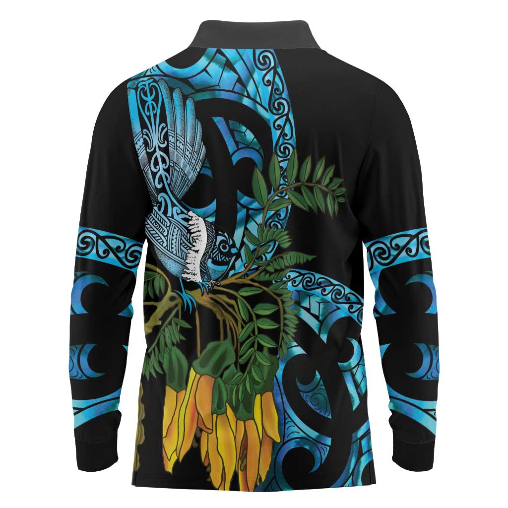 Turquoise New Zealand Kowhai And Piwakawaka Long Sleeve Polo Shirt Maori Ngaru Paua Shell