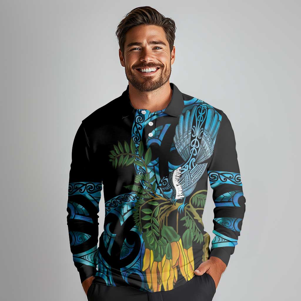 Turquoise New Zealand Kowhai And Piwakawaka Long Sleeve Polo Shirt Maori Ngaru Paua Shell