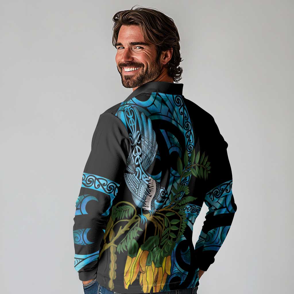 Turquoise New Zealand Kowhai And Piwakawaka Long Sleeve Polo Shirt Maori Ngaru Paua Shell