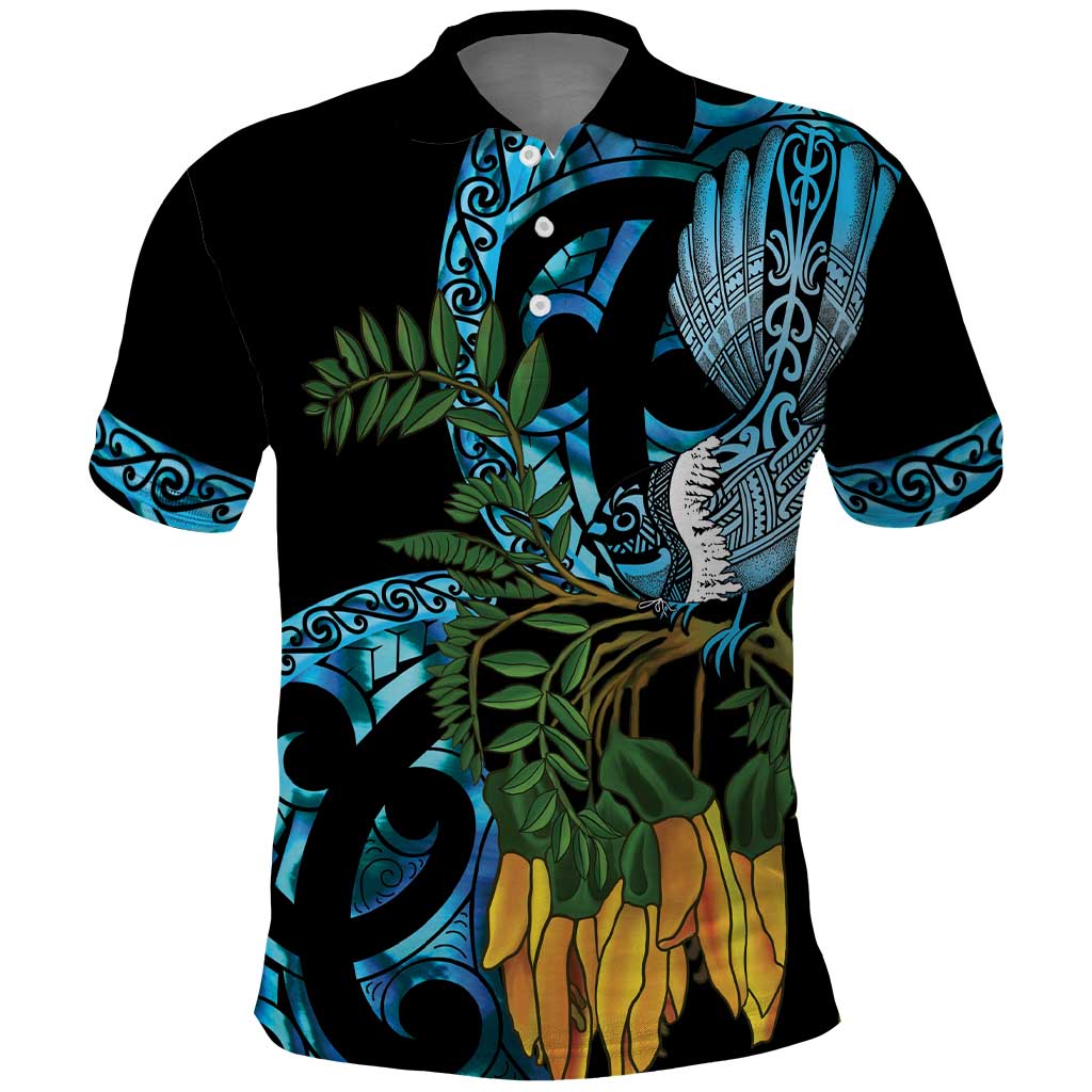 Turquoise New Zealand Kowhai And Piwakawaka Polo Shirt Maori Ngaru Paua Shell