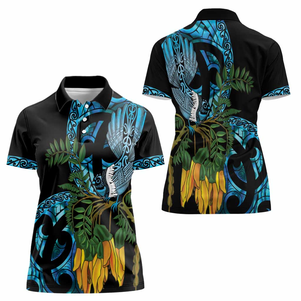 Turquoise New Zealand Kowhai And Piwakawaka Women Polo Shirt Maori Ngaru Paua Shell