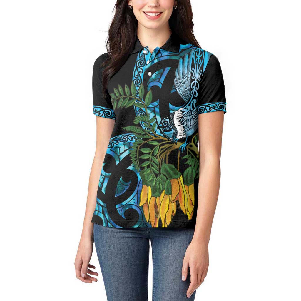 Turquoise New Zealand Kowhai And Piwakawaka Women Polo Shirt Maori Ngaru Paua Shell