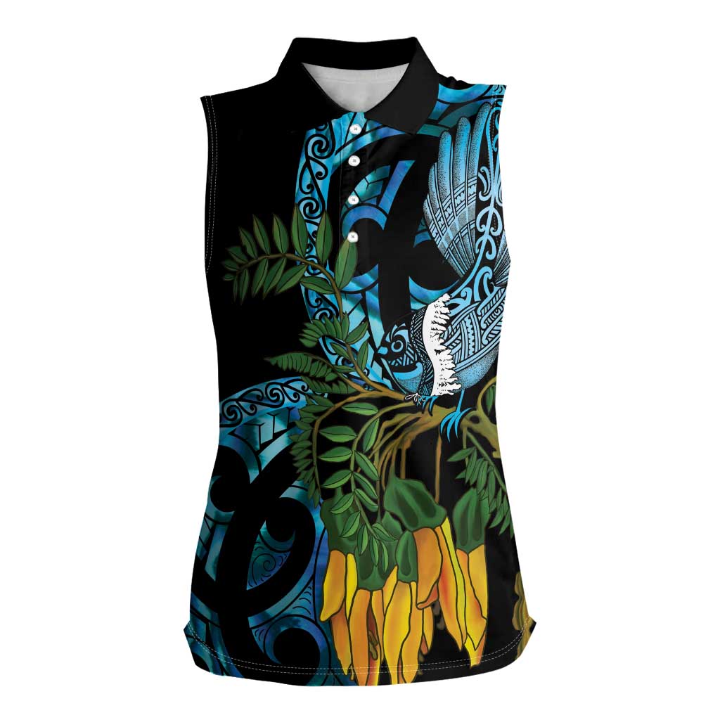 Turquoise New Zealand Kowhai And Piwakawaka Women Sleeveless Polo Shirt Maori Ngaru Paua Shell