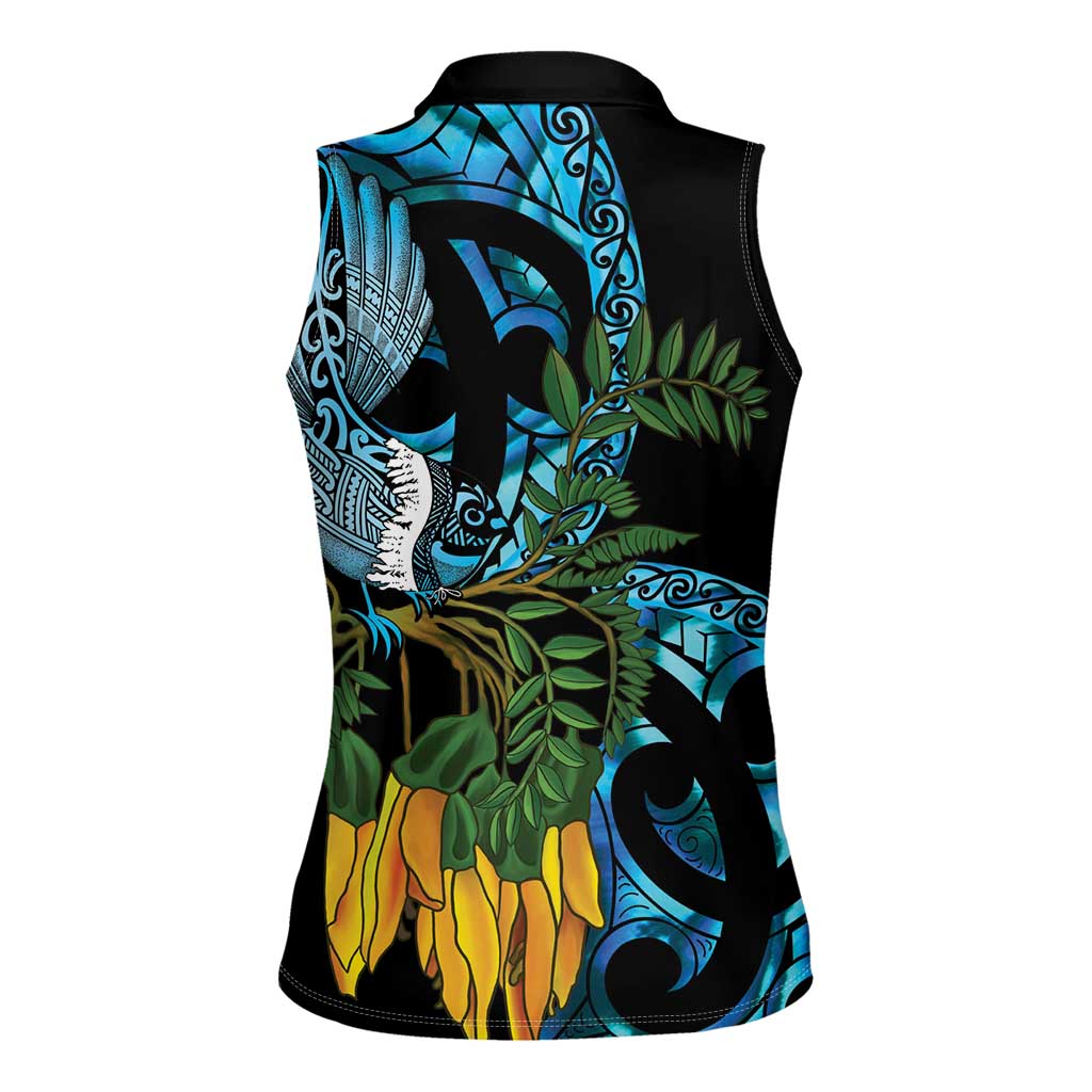 Turquoise New Zealand Kowhai And Piwakawaka Women Sleeveless Polo Shirt Maori Ngaru Paua Shell