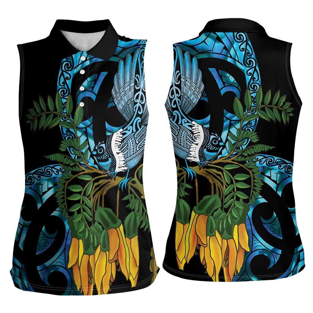 Turquoise New Zealand Kowhai And Piwakawaka Women Sleeveless Polo Shirt Maori Ngaru Paua Shell