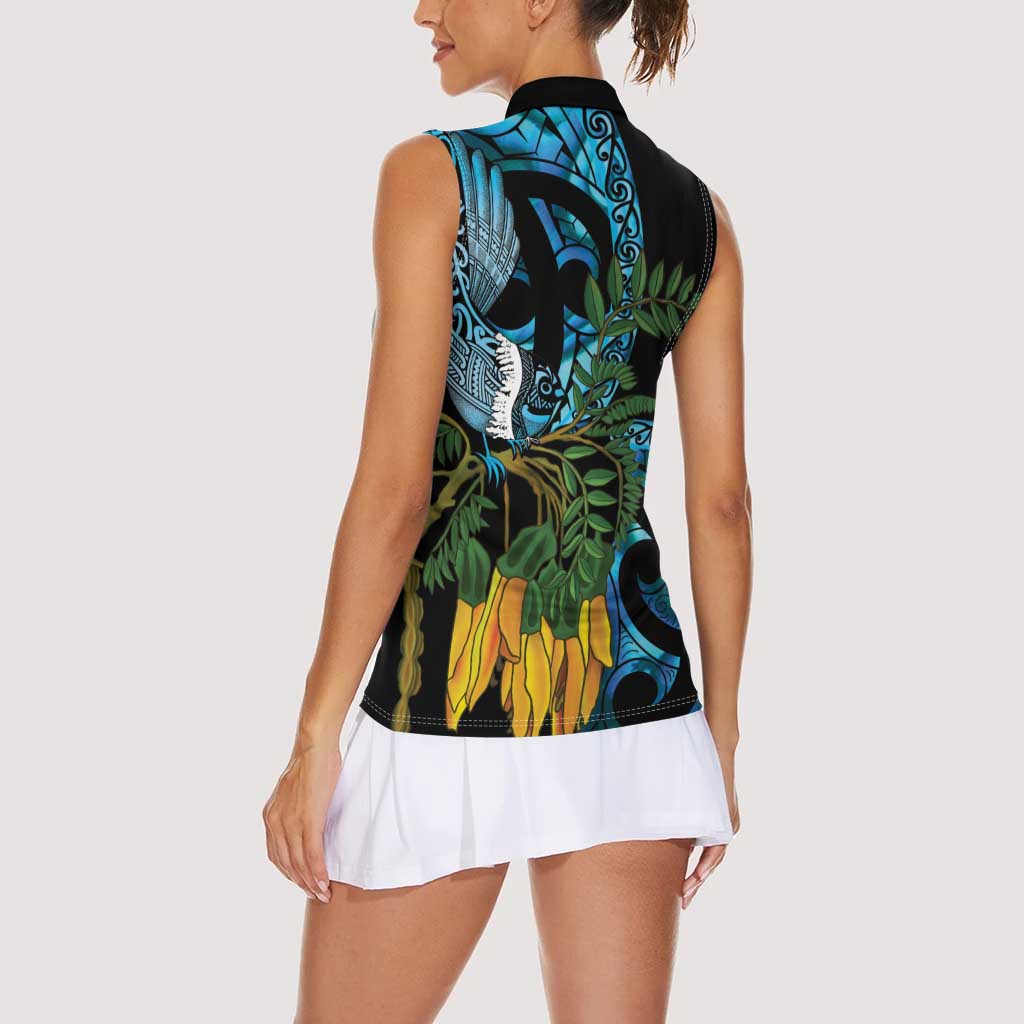 Turquoise New Zealand Kowhai And Piwakawaka Women Sleeveless Polo Shirt Maori Ngaru Paua Shell