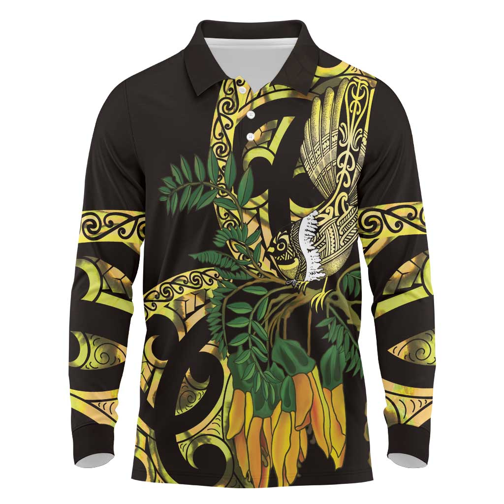 Yellow New Zealand Kowhai And Piwakawaka Long Sleeve Polo Shirt Maori Ngaru Paua Shell