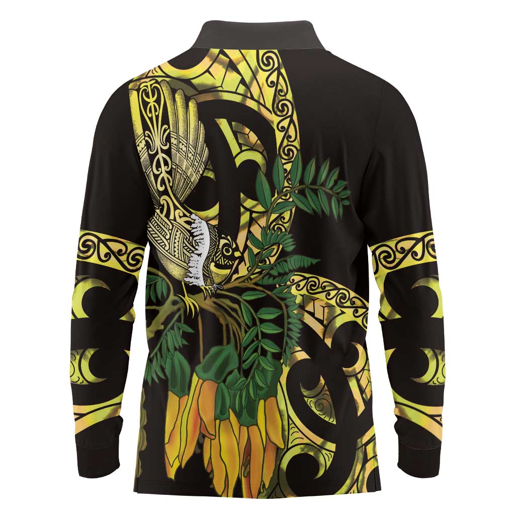 Yellow New Zealand Kowhai And Piwakawaka Long Sleeve Polo Shirt Maori Ngaru Paua Shell