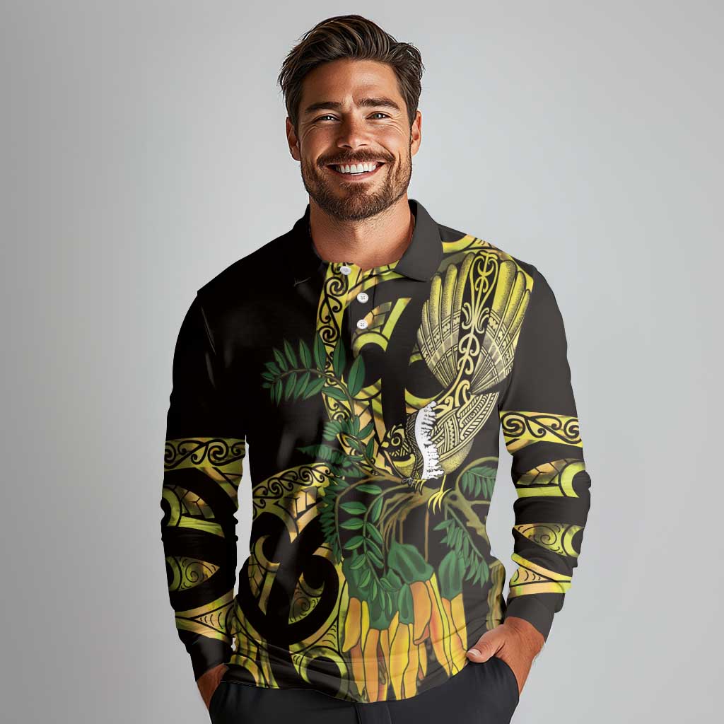 Yellow New Zealand Kowhai And Piwakawaka Long Sleeve Polo Shirt Maori Ngaru Paua Shell