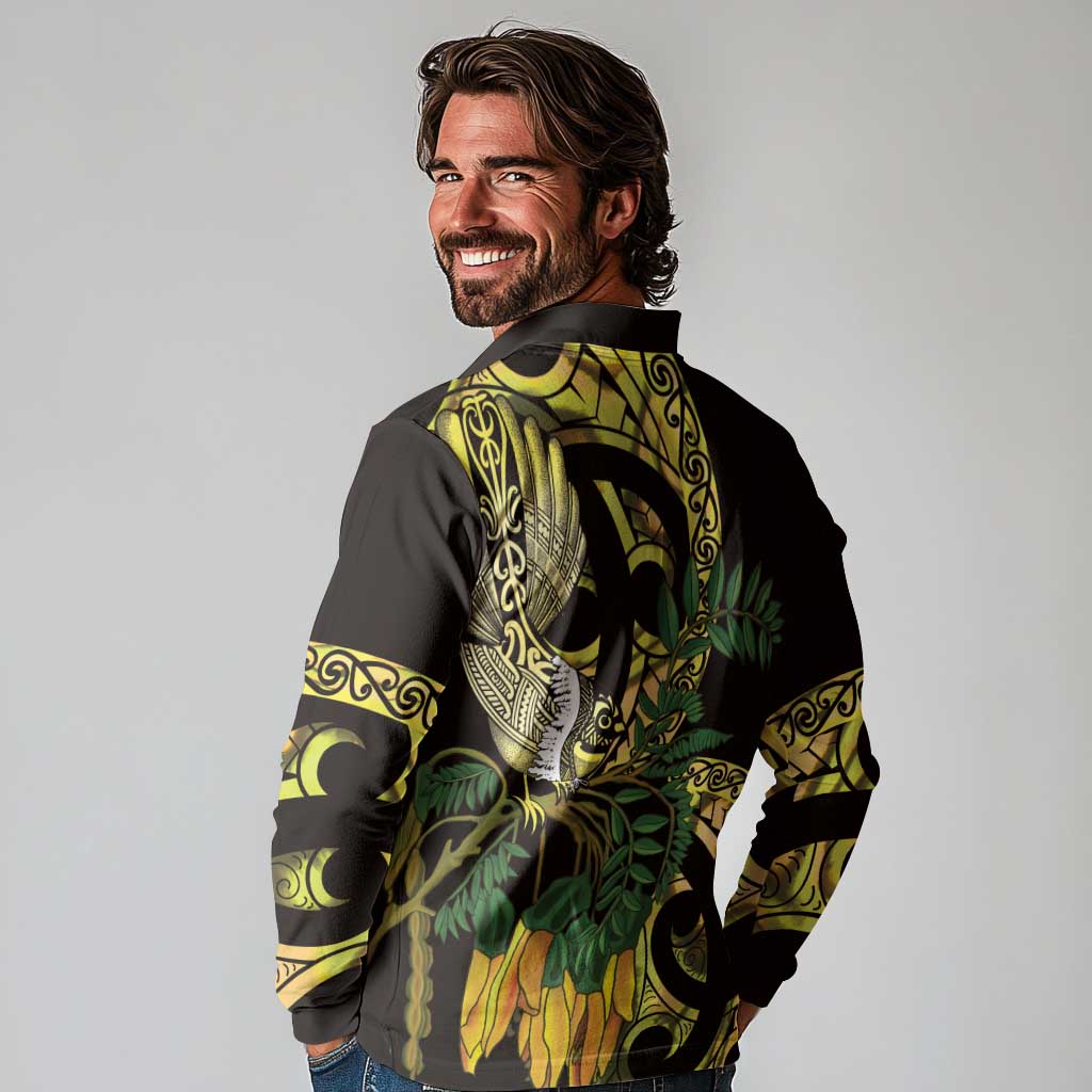 Yellow New Zealand Kowhai And Piwakawaka Long Sleeve Polo Shirt Maori Ngaru Paua Shell