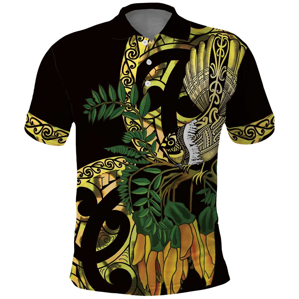 Yellow New Zealand Kowhai And Piwakawaka Polo Shirt Maori Ngaru Paua Shell