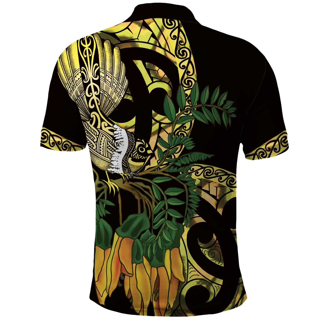 Yellow New Zealand Kowhai And Piwakawaka Polo Shirt Maori Ngaru Paua Shell