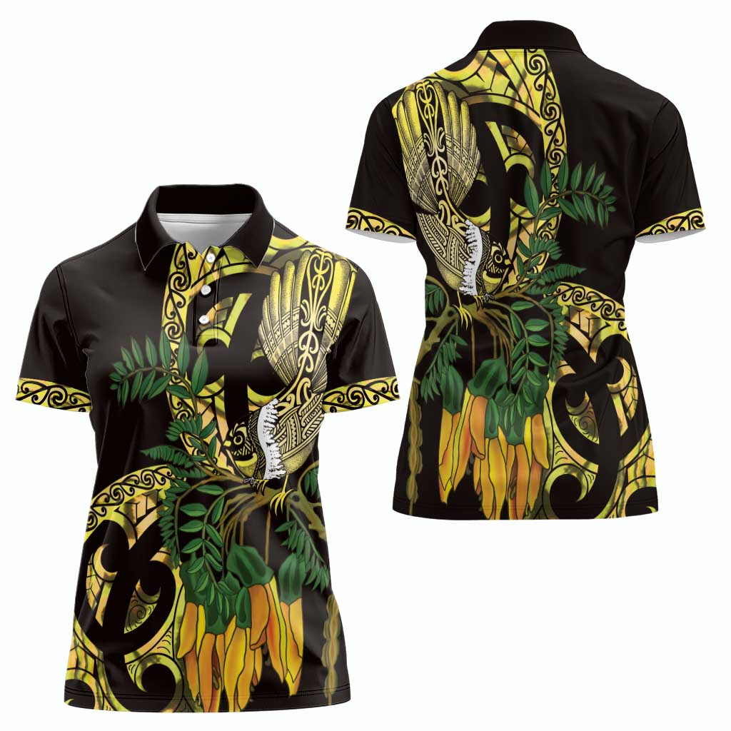 Yellow New Zealand Kowhai And Piwakawaka Women Polo Shirt Maori Ngaru Paua Shell