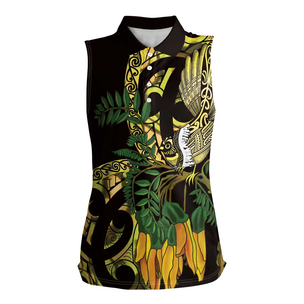 Yellow New Zealand Kowhai And Piwakawaka Women Sleeveless Polo Shirt Maori Ngaru Paua Shell