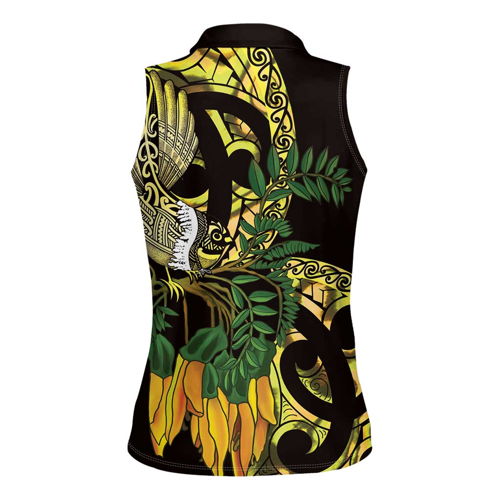 Yellow New Zealand Kowhai And Piwakawaka Women Sleeveless Polo Shirt Maori Ngaru Paua Shell