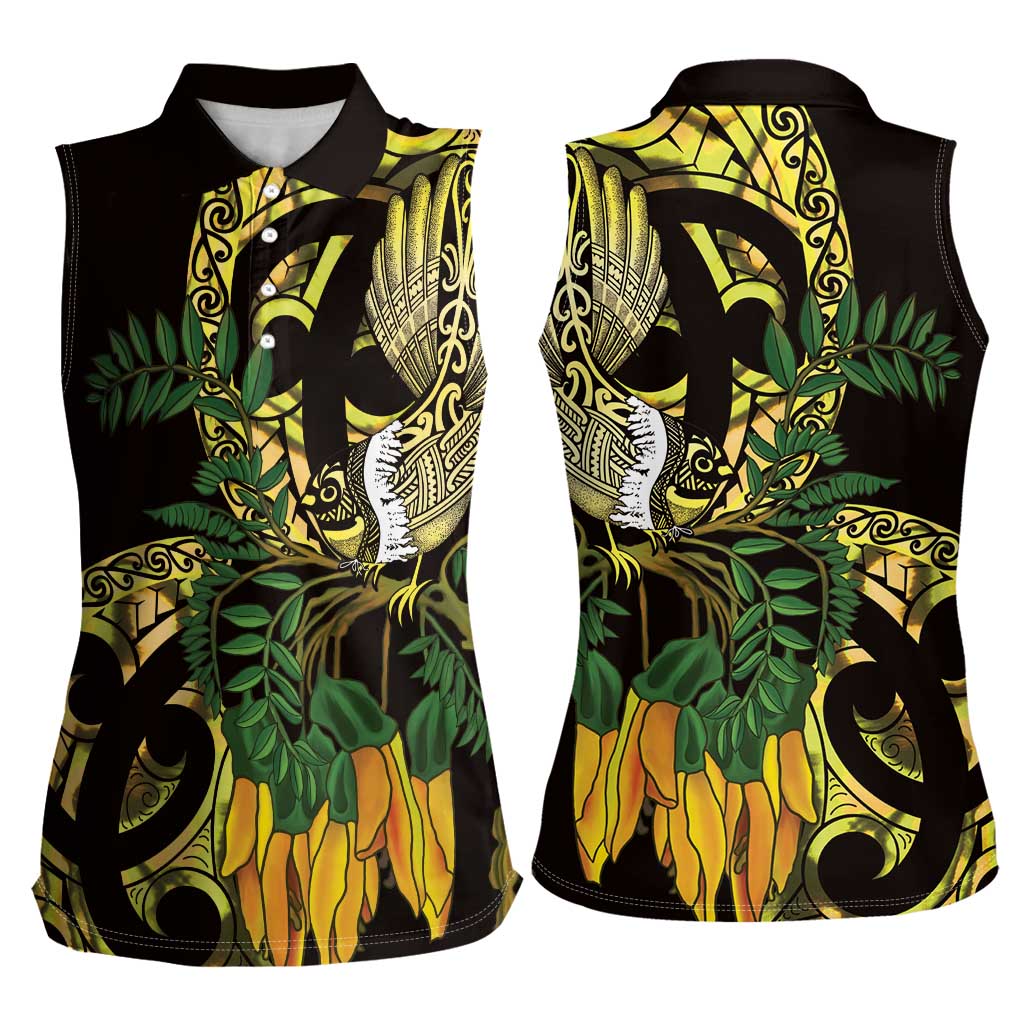 Yellow New Zealand Kowhai And Piwakawaka Women Sleeveless Polo Shirt Maori Ngaru Paua Shell